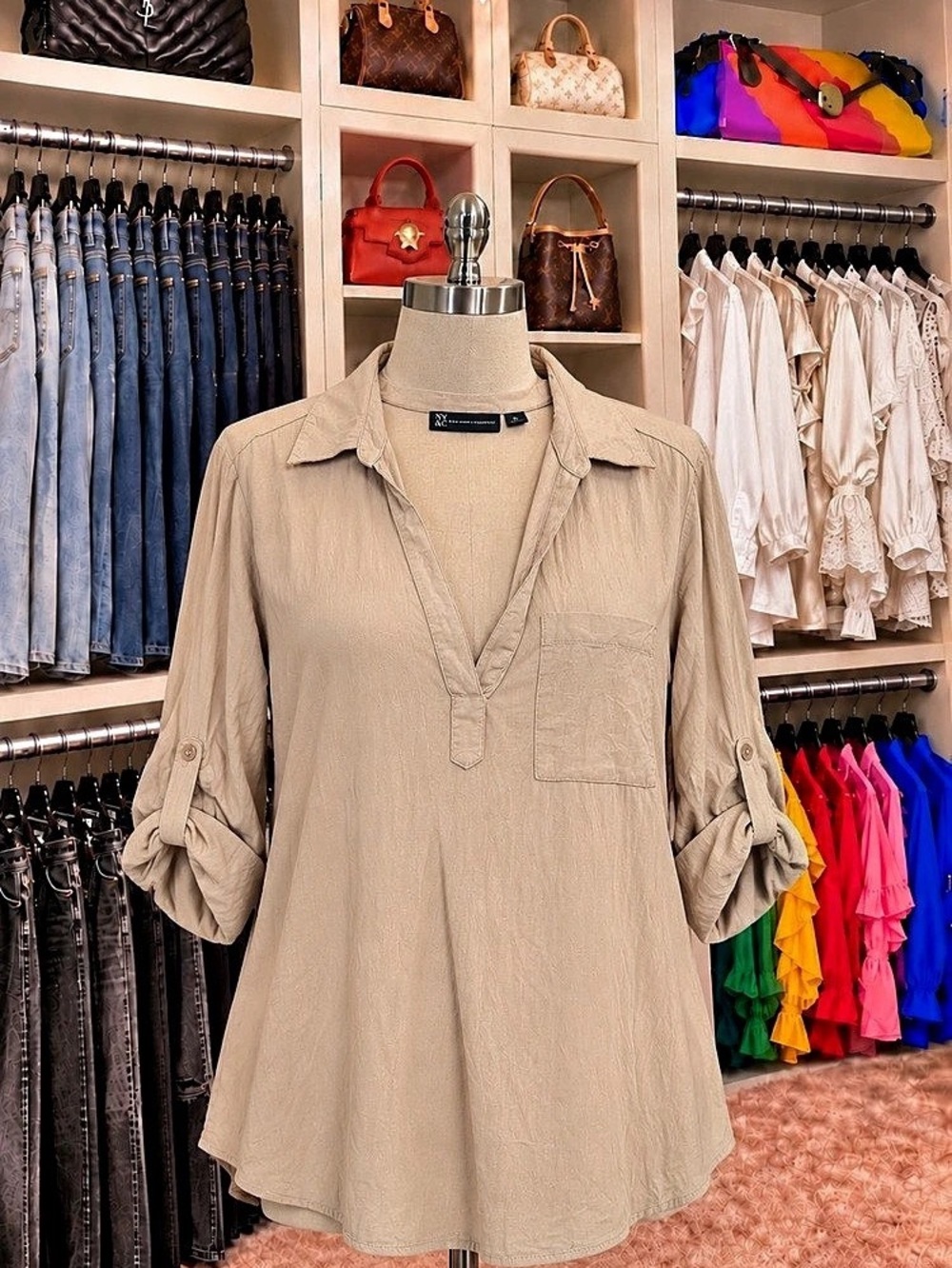 Jones New York Beige Roll-Tab Sleeve Tunic